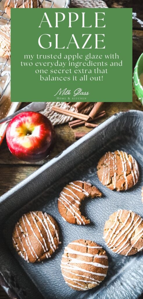 pin image of apple cider cookies topped with homemade apple glaze including one secret ingredient for extra fresh flavor.