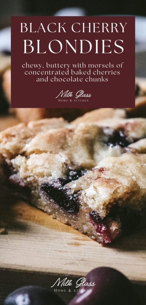 pin for black cherry blondies with a close up of the blondies showing the buttery center and golden brown crust.