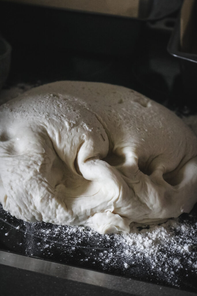 lump of bread dough on a lightly floured surface for shaping after the first rise.