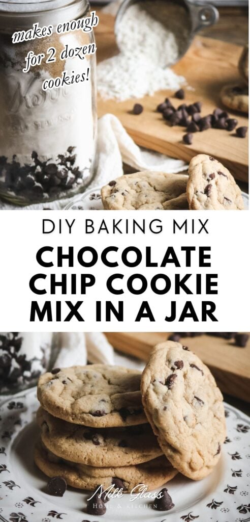 a tall pinterest image for homemade chocolate chip cookie mix in a jar with images of the jar and a stack of cookies.