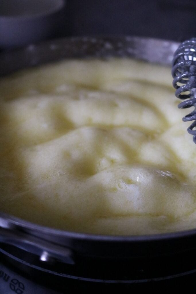 close up view of making brown butter with added milk powder, which makes it really thick and creamy.