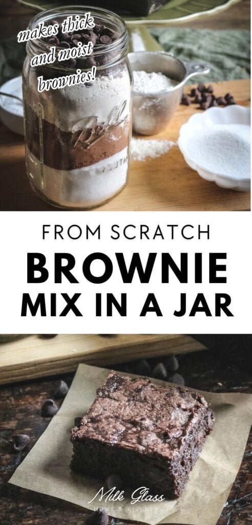 tall pinterest graphic showing a jar of homemade brownie mix above a thick wedge of moist brownie to highlight how thick and delicious this recipe is.