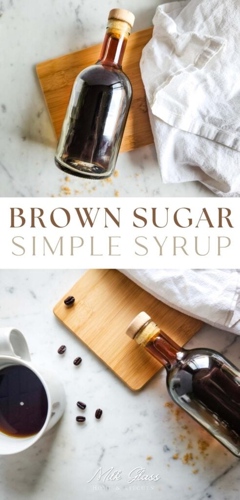 image of a glass bottle with homemade brown sugar simple syrup next to a cup of coffee and coffee beans on a marble background.