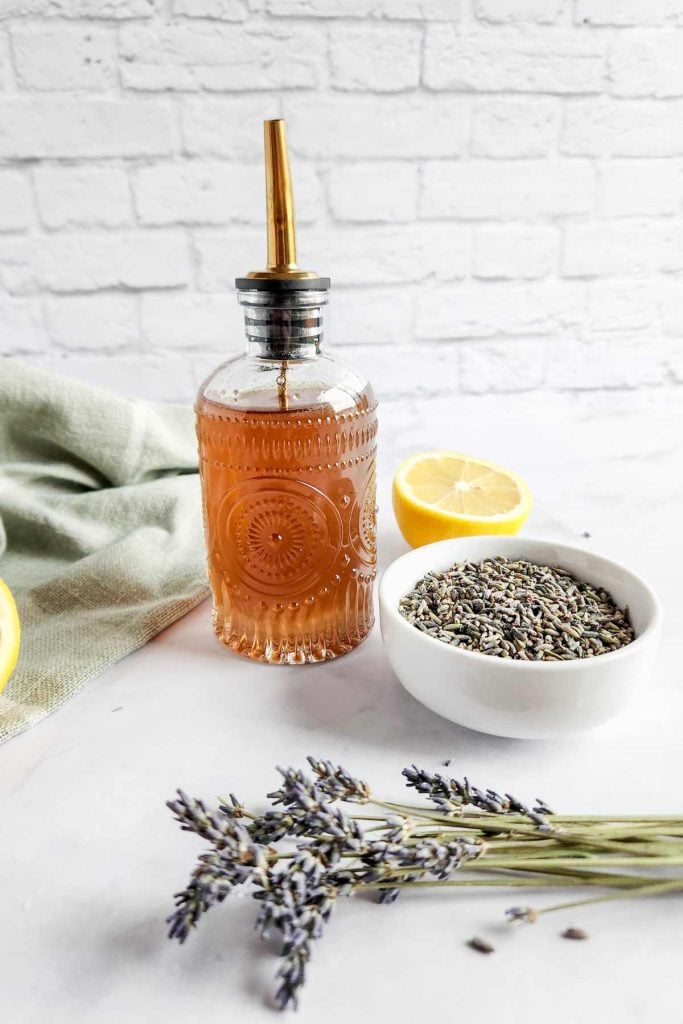 glass bottle with lavender simple syrup recipe.
