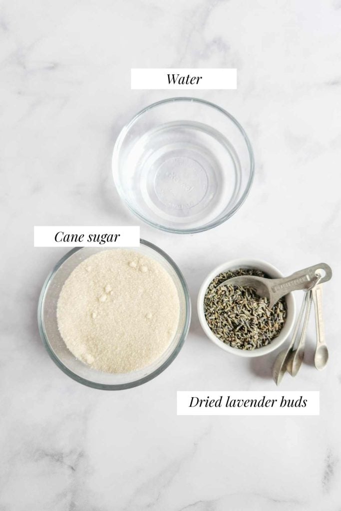 ingredients to make simple syrup with dried lavender.