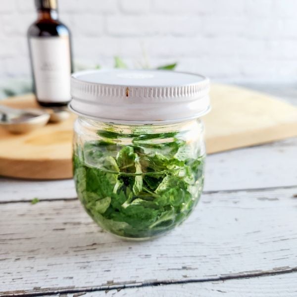 mint and vodka in a glass jar.