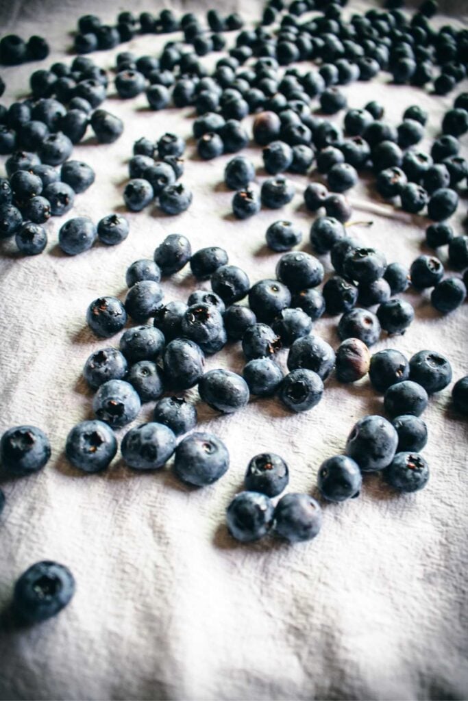 drying fresh blueberries on a clean towel.