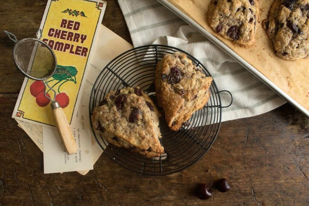 overhead view of fresh cherry scones.