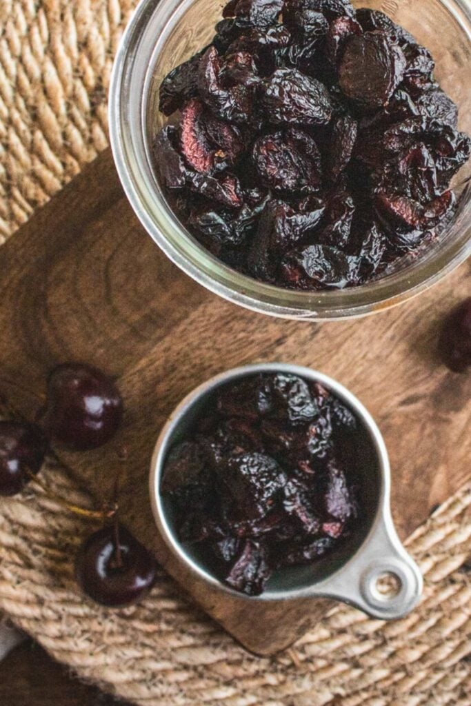 close up view of dehydrated cherries.