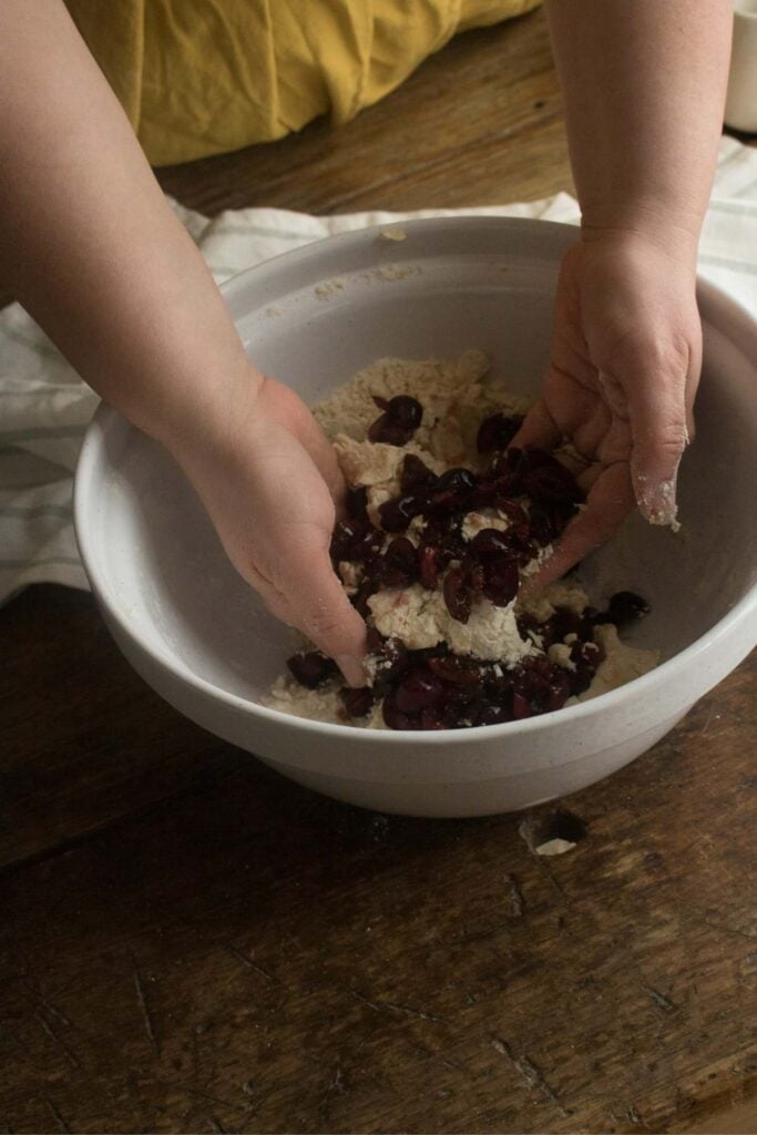 folding cherries into scone dough.