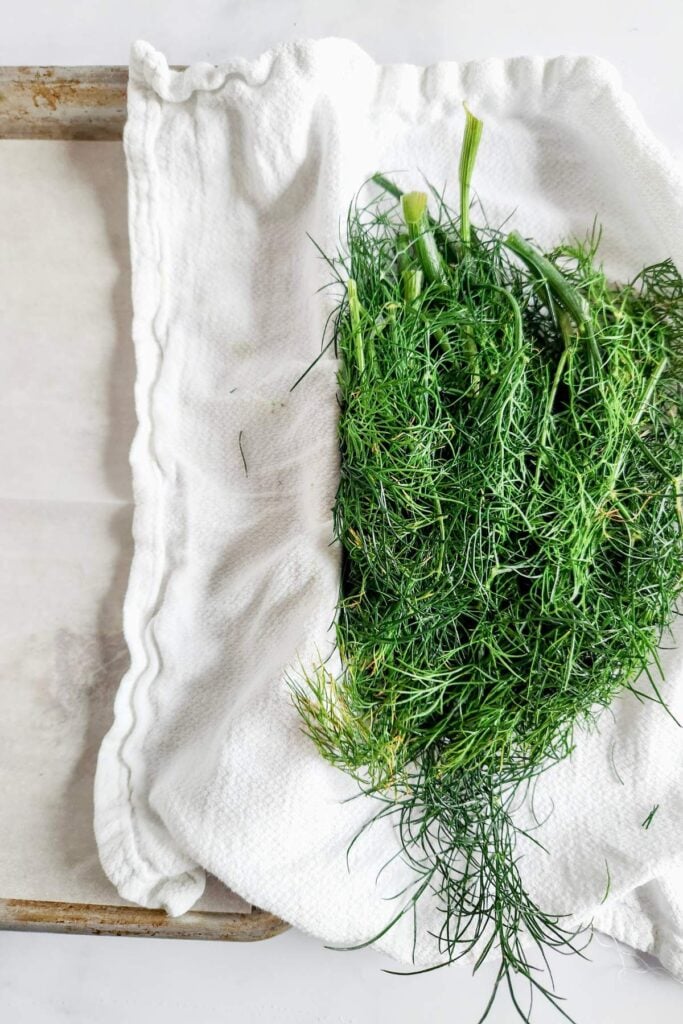 patting dill dry in towel.