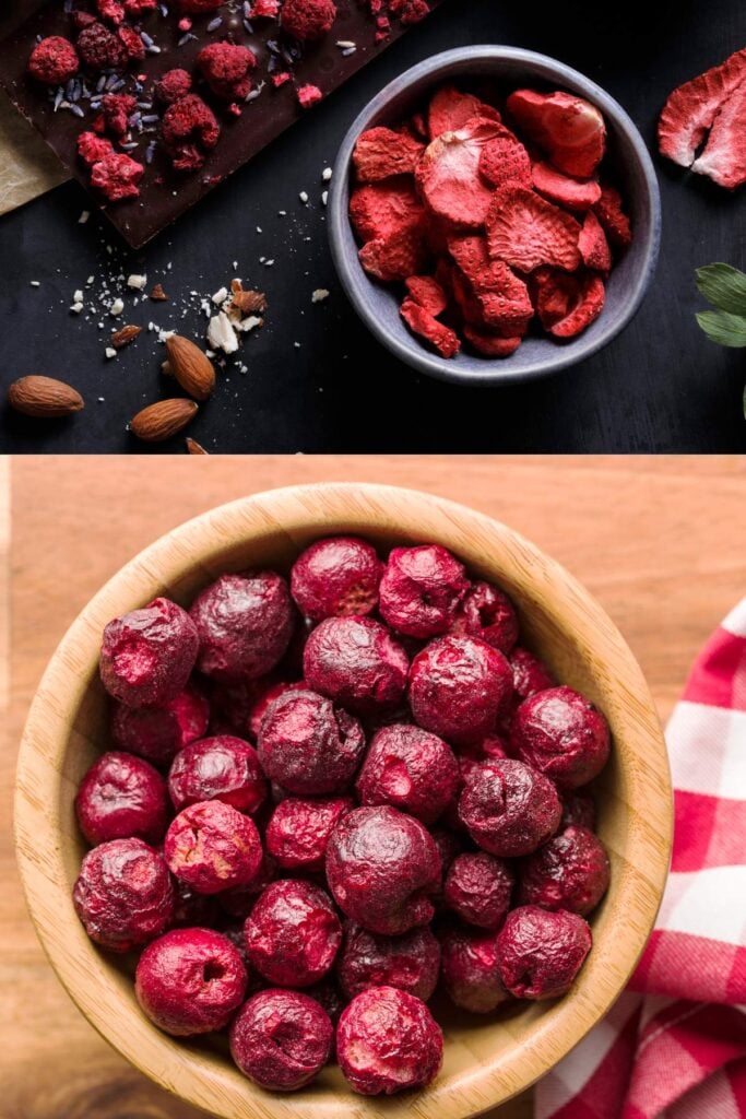 freeze dried strawberry pieces and cherries.