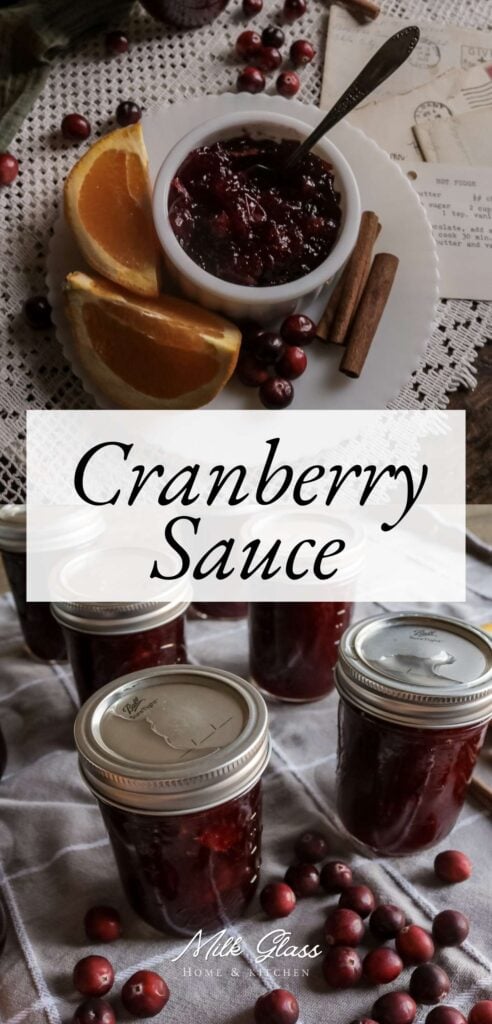 pin with images of fresh cranberry sauce canned in a water bath canner.