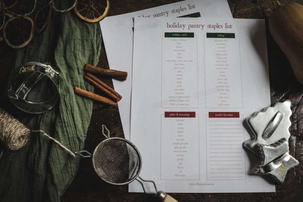overhead view of holiday pantry staples list by butternut squash, cookie cutters, orange slices, twine, and more. 