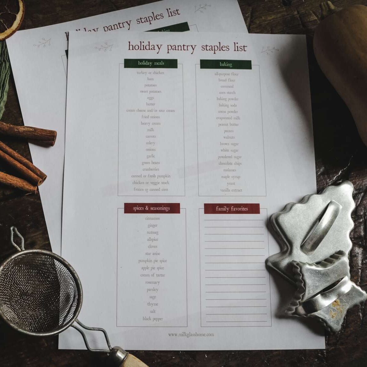printable pantry staples list with holiday essentials on a wooden table by christmas cookie cutters and cinnamon sticks.