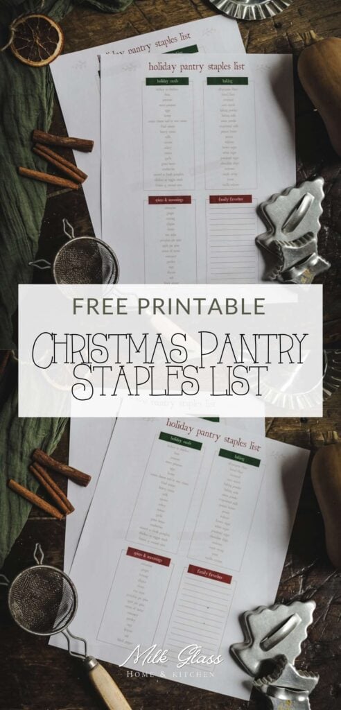pin with free printable christmas pantry staples list.