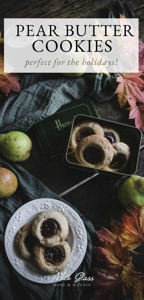 tall pin with image of pear butter cookies on a plate and in a tin.