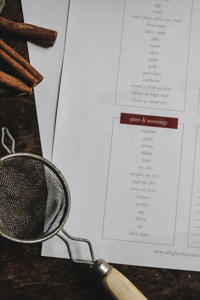 printed list of essential holiday spices and seasonings next to a vintage sifter.