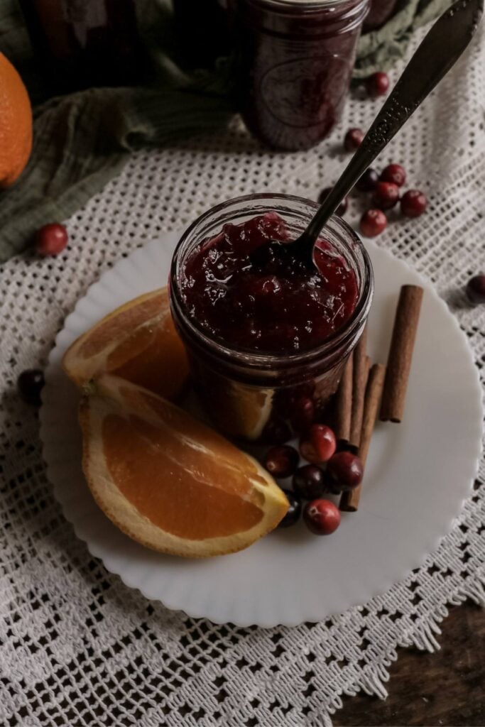 mason jar with homemade cranberry sauce.