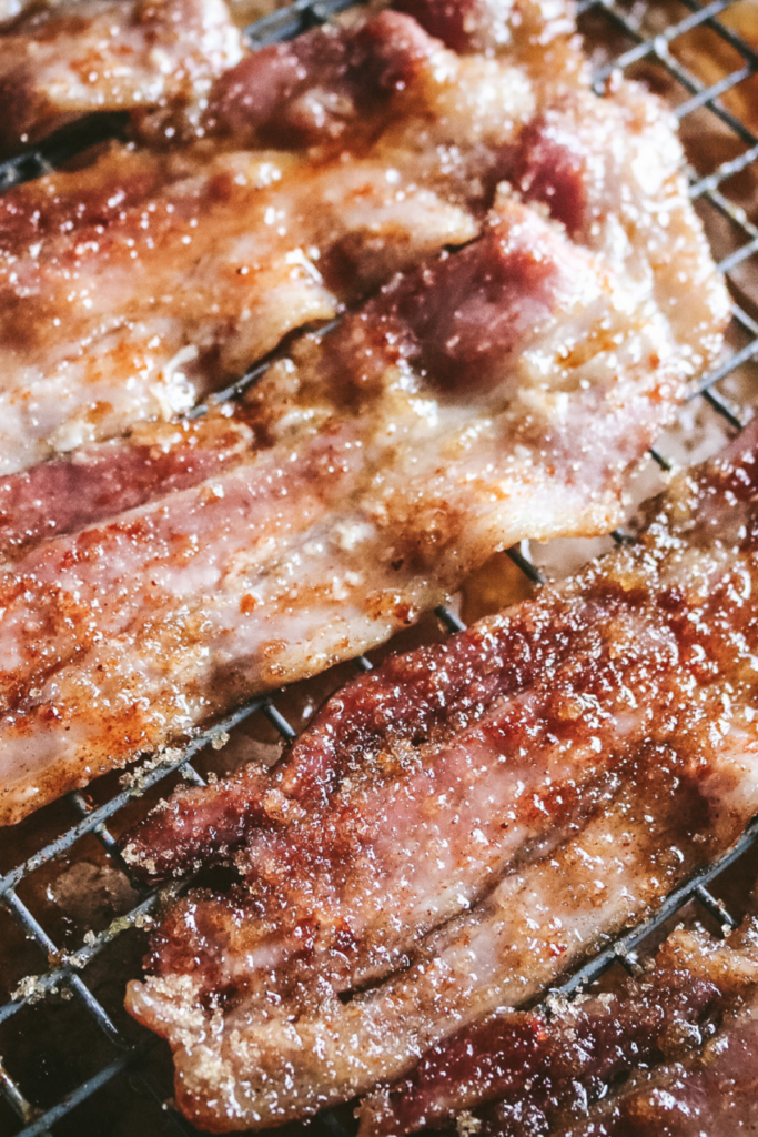 close up view of maple bacon before baking.