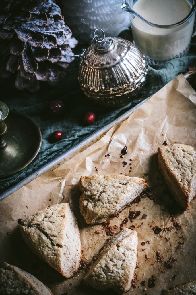 tray of eggnog scones ready to be glazed.