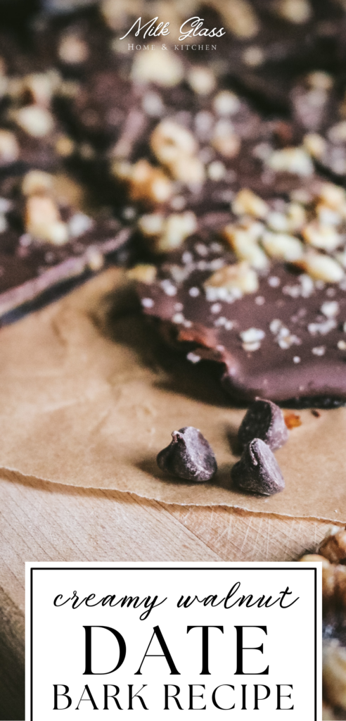pin with a close up of homemade walnut date bark made with walnut butter and dark chocolate chips.