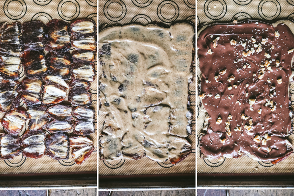 horizontal image to throw the three steps to make date bark with fresh dates and walnut butter.