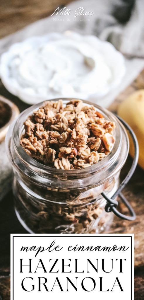 pin with a close up view of homemade hazelnut granola by yogurt and a banana.