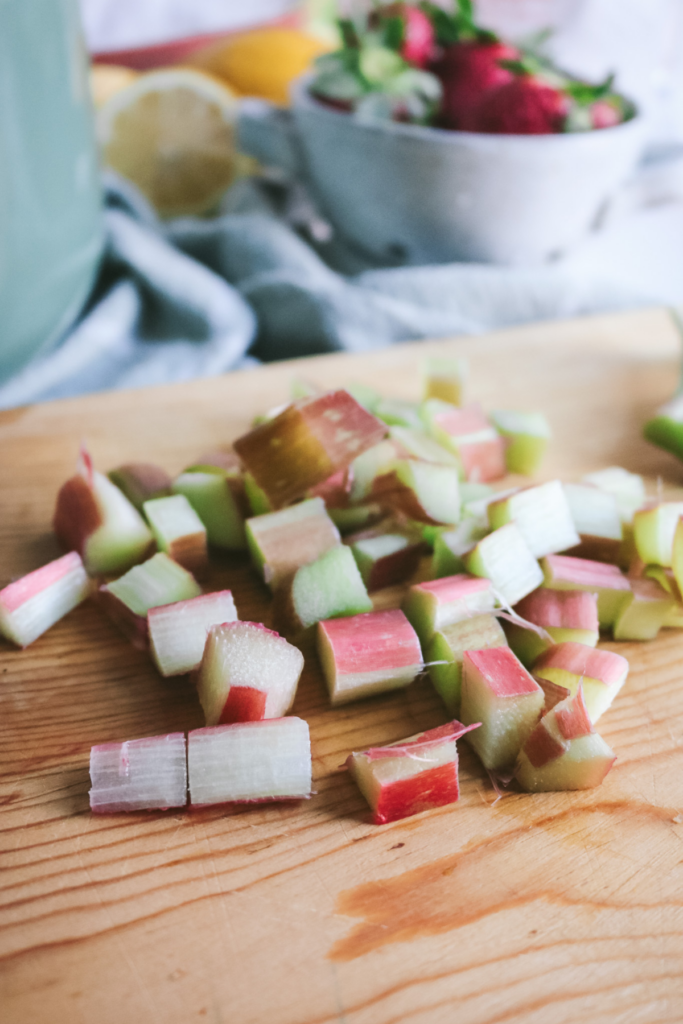 chopped rhubarb on a cutting board.