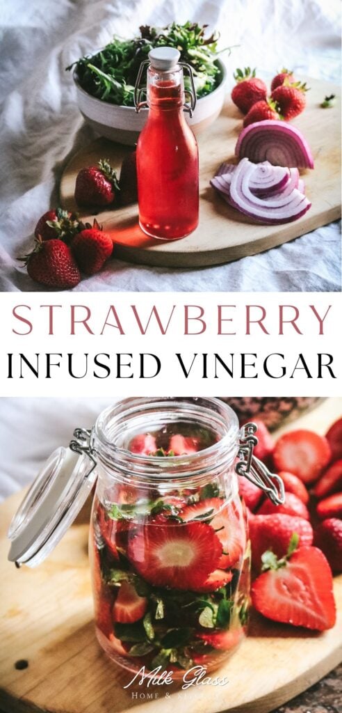 pinterest image of a glass jar with strawberry tops floating in rice vinegar and a glass bottle with finished strawberry vinegar.