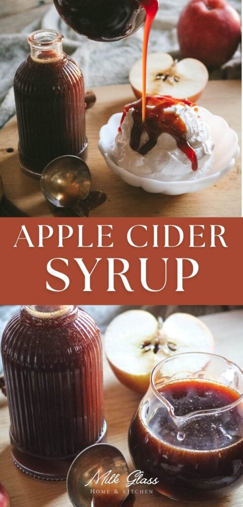 pin that reads apple cider syrup with images of a syrup being drizzled over whipped cream.