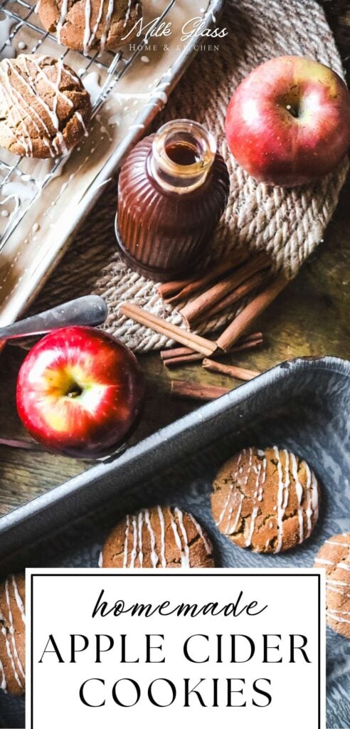 pinterest image for homemade apple cider cookies with a glaze made with lime juice next to boiled cider and crinkle cookies.