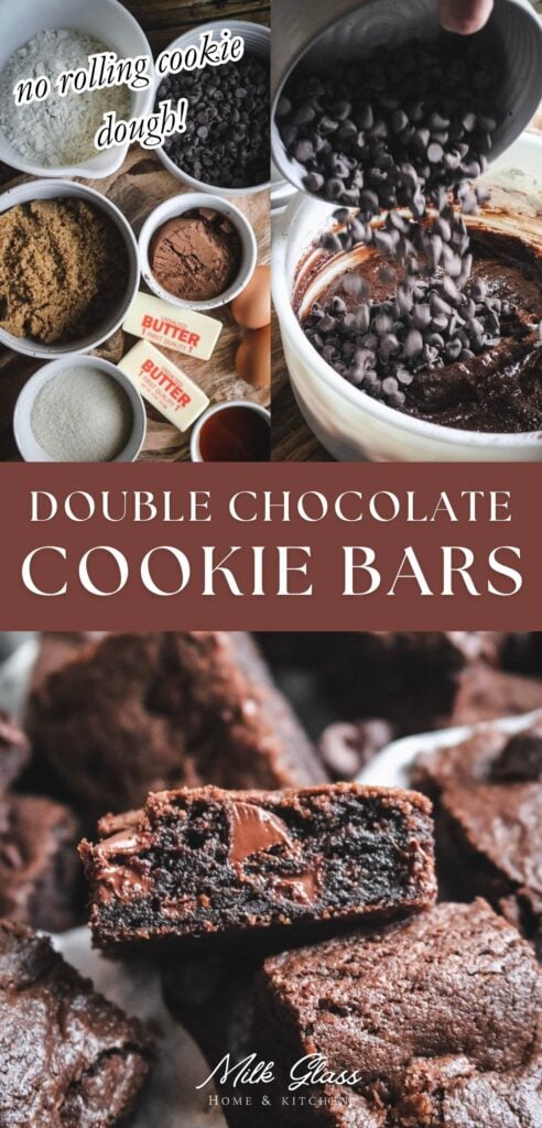 pinterest image that shows the ingredients for double chocolate chip cookie bars plus how to make them and what they look like after baking.