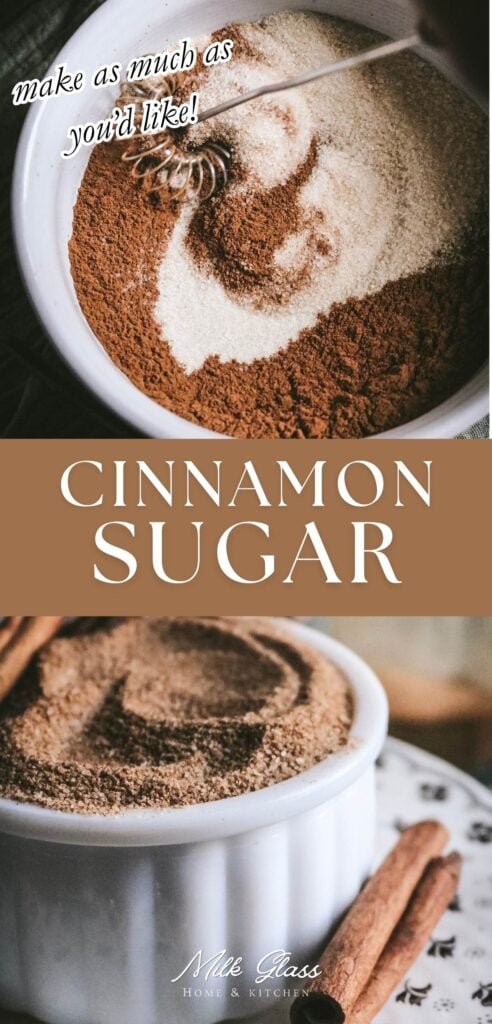 overhead view of a white bowl with sugar and cinnamon being whisked together.