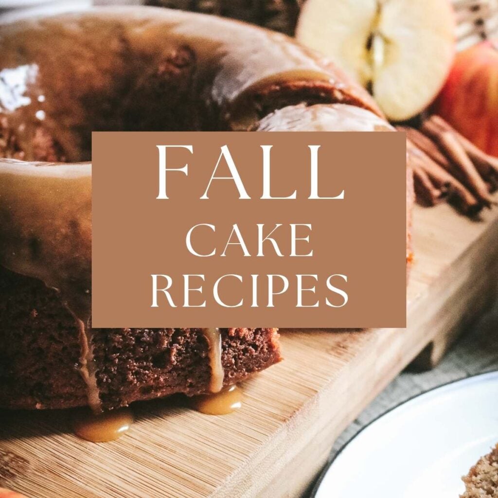 blog graphic for fall cake recipes with applesauce bundt cake in the background.