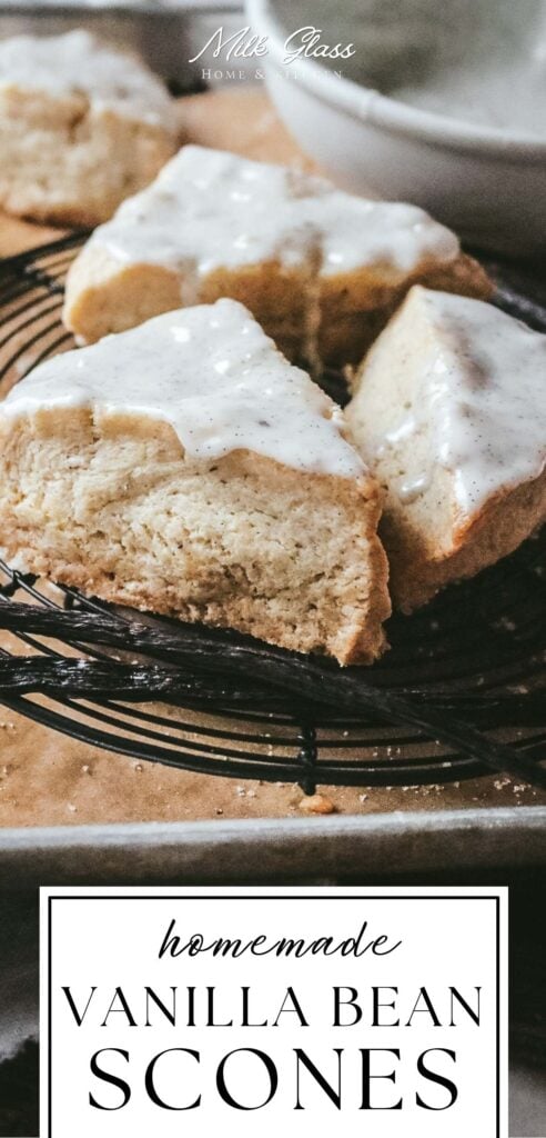 pin for homemade vanilla bean scones with a close up of the scones on a wire rack.