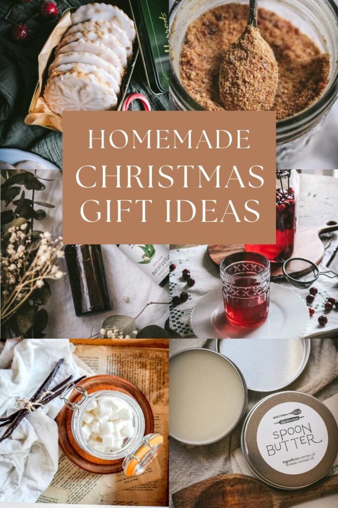 collage image of homemade holiday gifts like flavored sugar, gingerbread, room spray, wood butter, sugar cubes, liqueurs, and more.