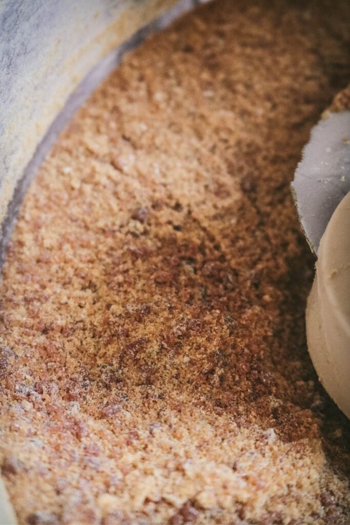 view inside the food processor to show what caramel sugar looks like when it is done.