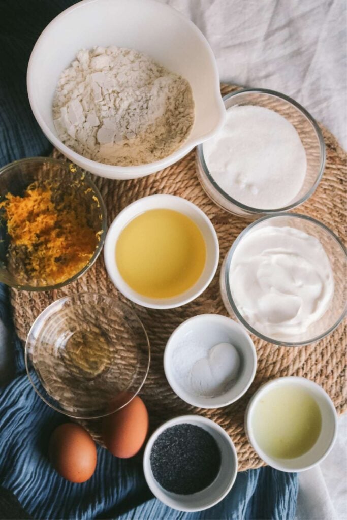 overhead view of the ingredients to make lemon and poppyseed muffins.