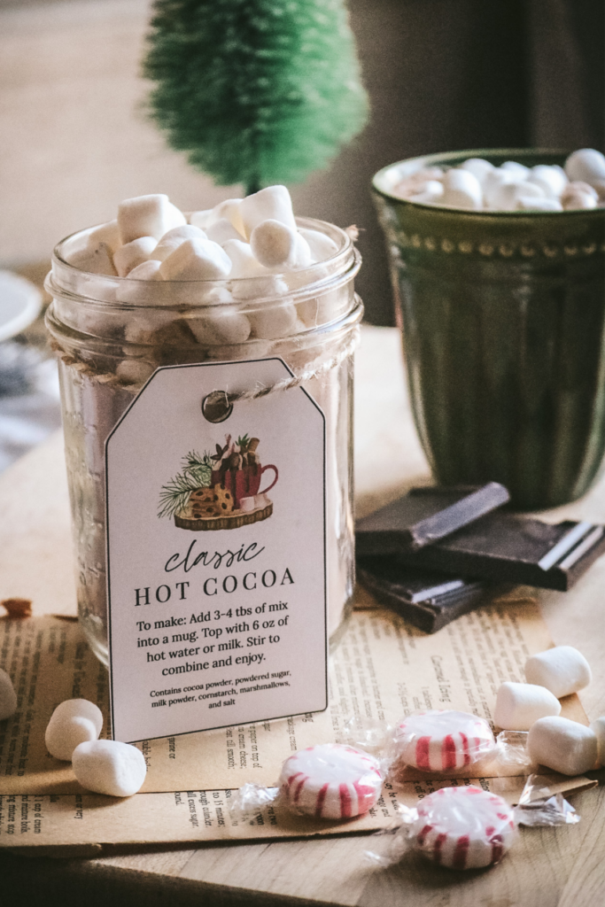 jar of hot cocoa mix with a printable label attached.