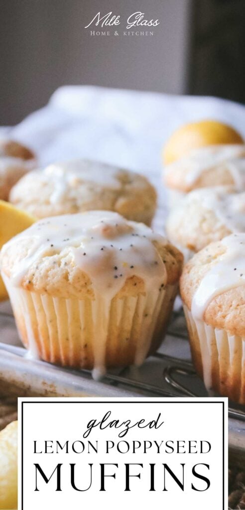 close up view of lemon poppyseed muffins with homemade lemon glaze on top. 