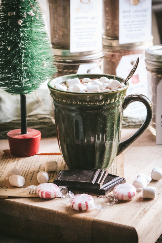 side view of a mug of homemade hot chocolate from a dry mix made with powdered milk.
