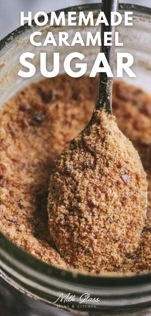 pin image with a spoonful of homemade caramel sugar in a mason jar.