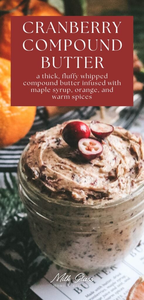 pinterest graphic with a close up image of spiced cranberry maple butter with printable tags underneath for holiday gifting.