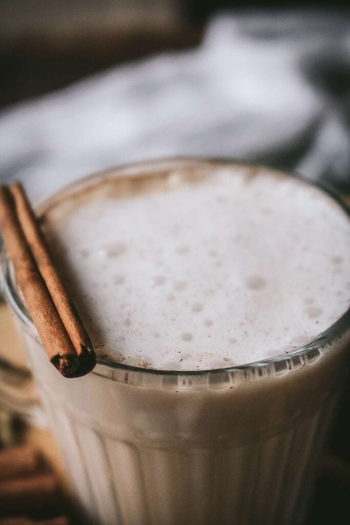 close up view of homemade herbal chai drink made from a homemade spice mix.