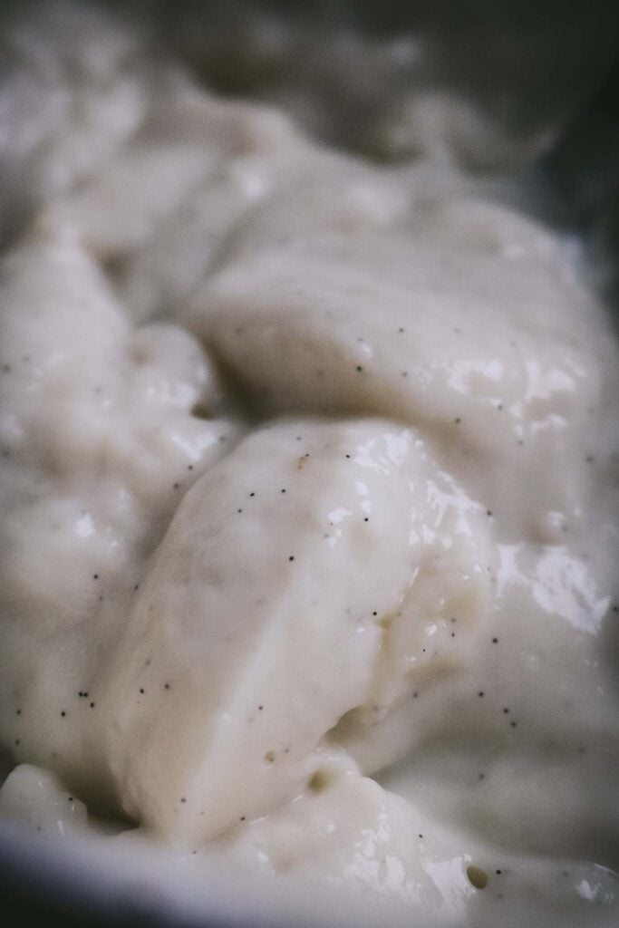 close up view of creamy vanilla bean pudding made from a homemade dry pudding mix with cornstarch.