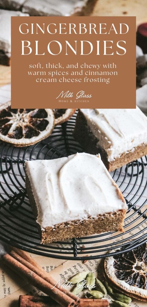 pinterest image with a label that says "gingerbread blondies" with an image of a frosted blondie on a wire rack next to dried spices.
