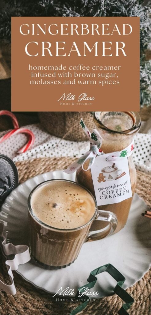 pinterest graphic with an image of homemade gingerbread coffee creamer surrounded by cookie cutters, candy canes, and a christmas tree.