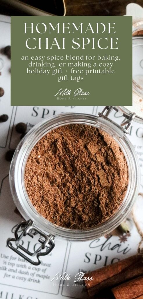 pinterest graphic with an image of homemade chai spice in a jar over printed labels next to cinnamon sticks.