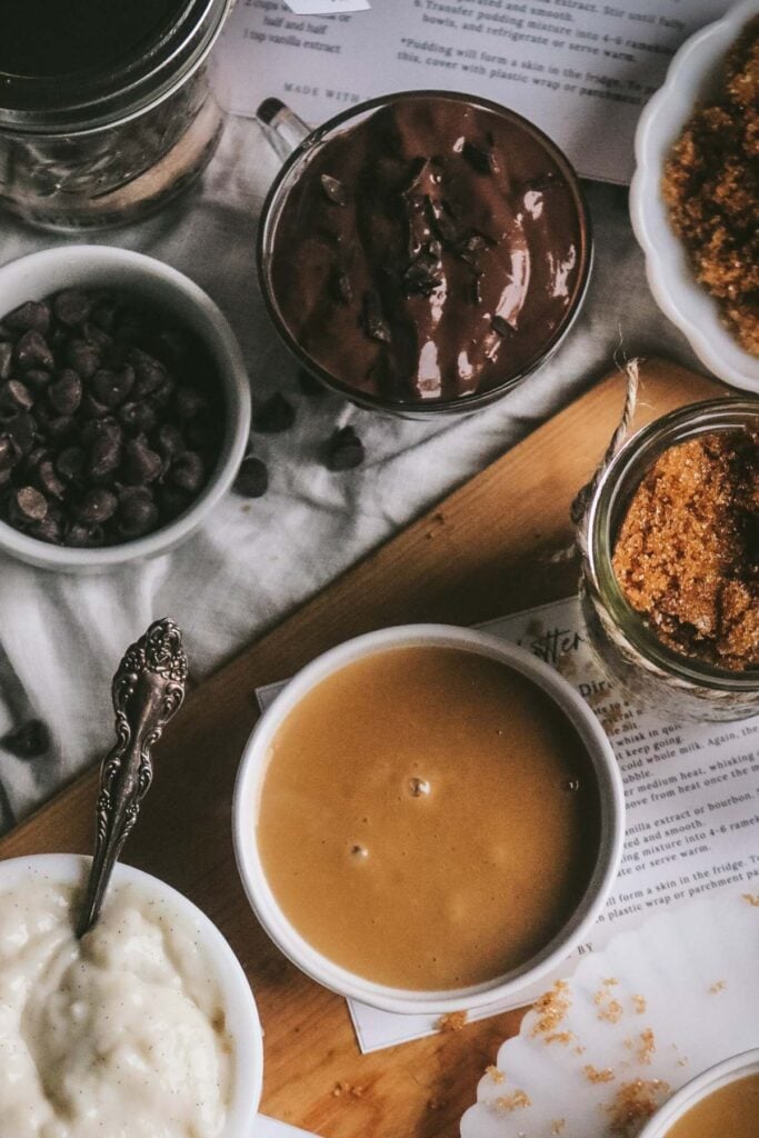 overhead view of homemade puddings made from dry mixes you can keep in your pantry, similar to jello.